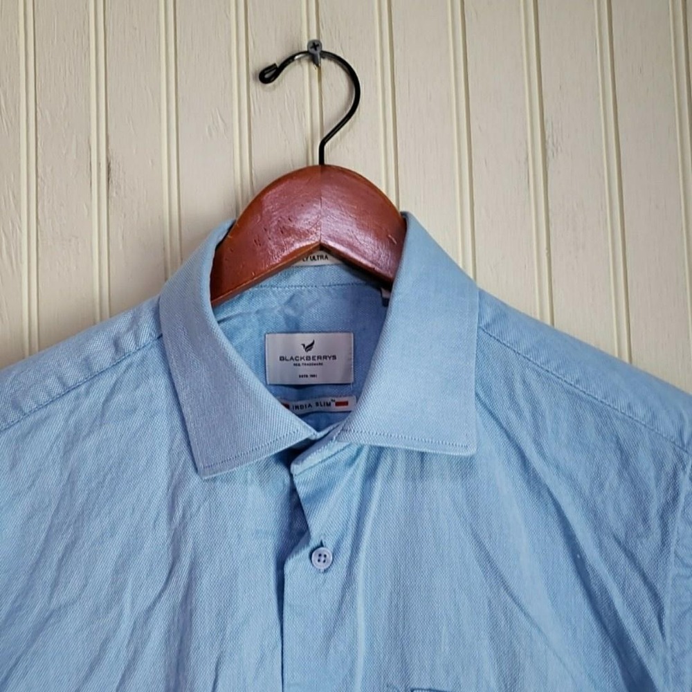 Blackberrys Dress Shirt Mens L Blue Solid India Slim Cotton 2 Ply Ultra LS